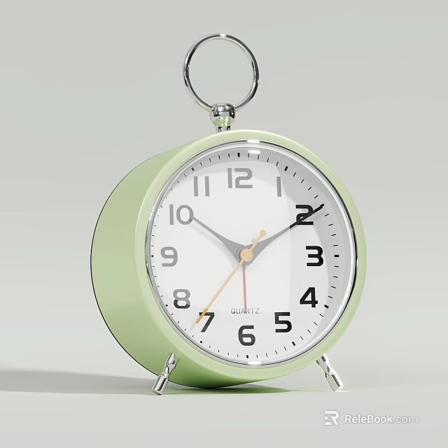 Light Green Round Alarm Clock With Metal Ring And Quartz 3d model 