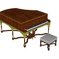 Elegant Classical Wooden Piano With Golden Decorative Legs And White Cushioned Stool