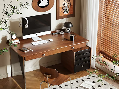 Wooden Desk Workspace With Computer Monitor Keyboard Headphones Lamp And Green Plants 3d model