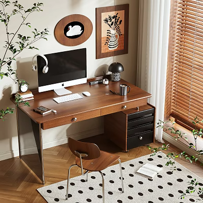 Wooden Desk Workspace With Computer Monitor Keyboard Headphones Lamp And Green Plants 3d model
