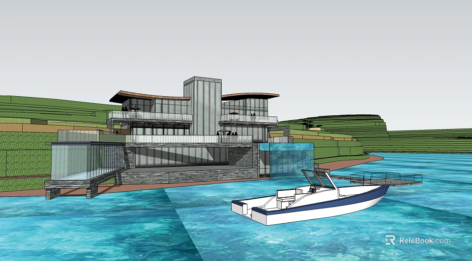 Modern Detached Villa With Waterfront View Large Windows And Boat Nearby 3d model 