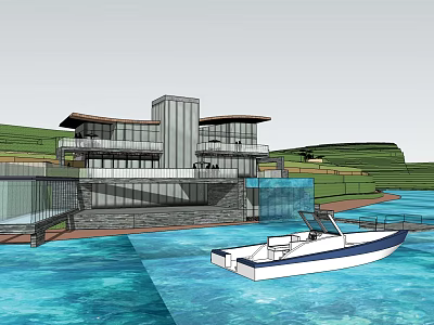 Modern Detached Villa With Waterfront View Large Windows And Boat Nearby 3d model