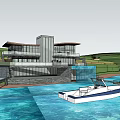 Modern Detached Villa With Waterfront View Large Windows And Boat Nearby