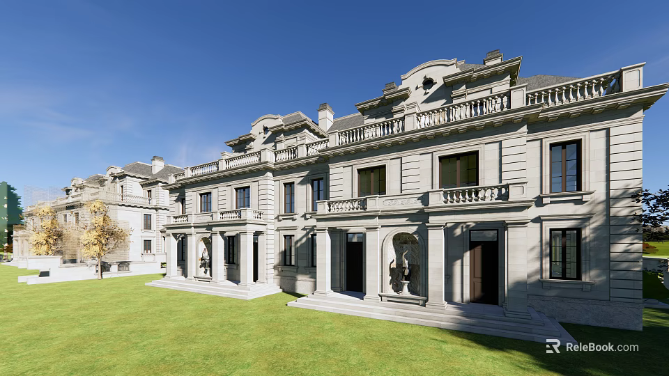 Luxurious Townhouse Exterior With Stone Construction Porch Columns Symmetrical Design And Lawn Front Yard 3d model 