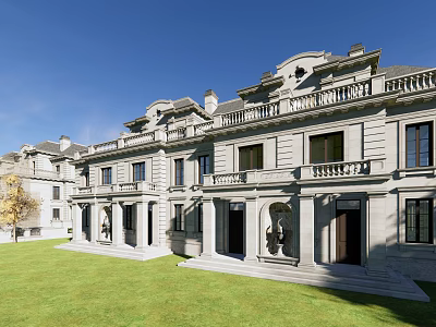 Luxurious Townhouse Exterior With Stone Construction Porch Columns Symmetrical Design And Lawn Front Yard 3d model