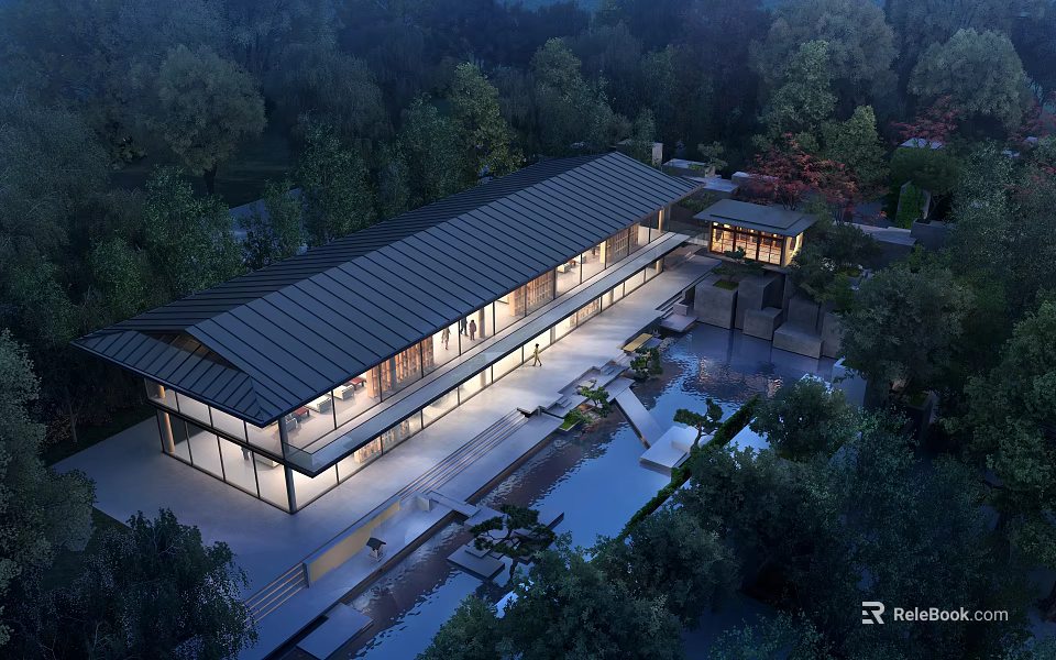 Aerial Planning of Modern Building with Water Pool and Green Trees Courtyard 3d model 