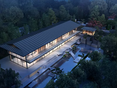 Aerial Planning of Modern Building with Water Pool and Green Trees Courtyard 3d model