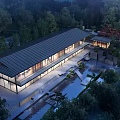 Aerial Planning of Modern Building with Water Pool and Green Trees Courtyard