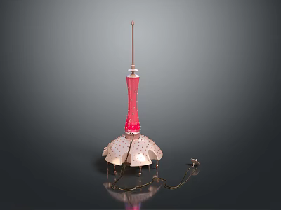 Red Tower Building With Umbrella Like Base And Illuminated Spire Top 3d model