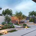 Courtyard Garden Design With Stone Pathway Trees Lanterns And Seating Area