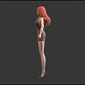 Woman With Red Hair Wearing Golden Dress And High Heels Front Back Views