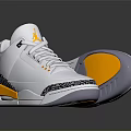 White Jordan Low Top Sneakers With Yellow Accents And Black Patterned Soles
