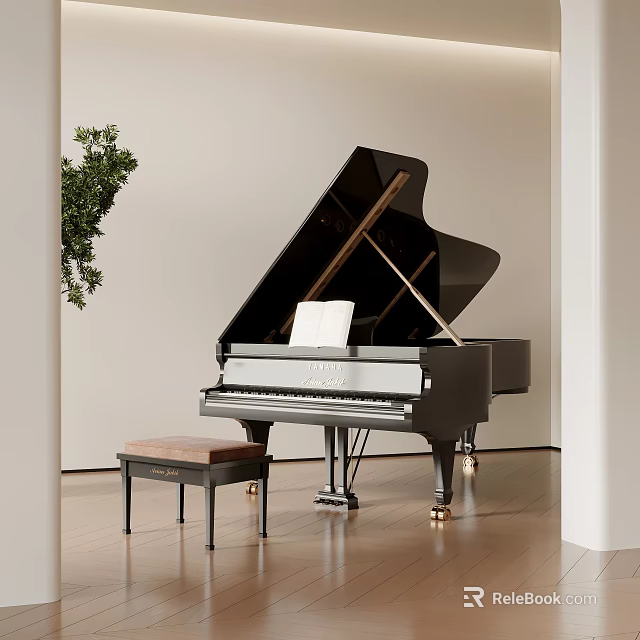 Elegant Black Grand Piano Setup With Small Stool Green Plant Wooden Floor White Wall 3d model 