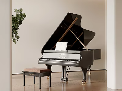 Elegant Black Grand Piano Setup With Small Stool Green Plant Wooden Floor White Wall 3d model