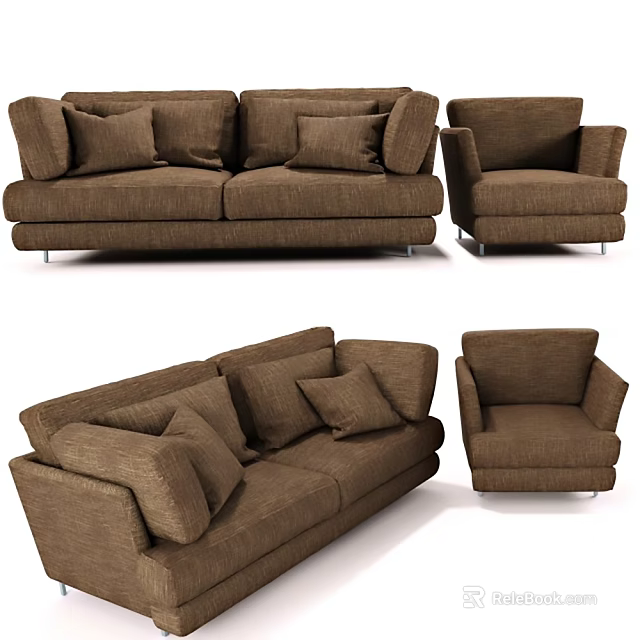 Brown Fabric Sofa Set Featuring Three Seater Sofa And Matching Single Armchair 3d model 