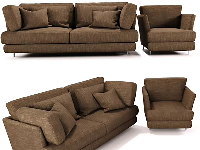 Brown Fabric Sofa Set Featuring Three Seater Sofa And Matching Single Armchair 3d model