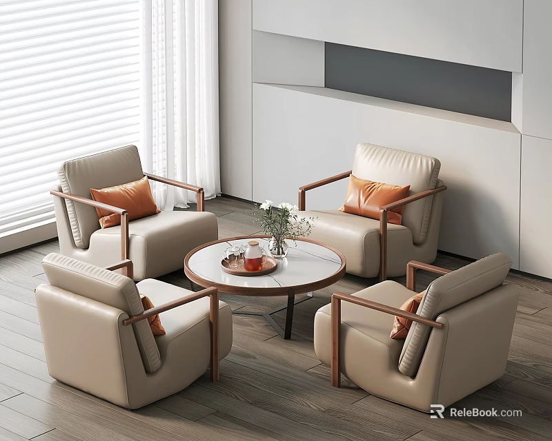 Modern Elegant Living Room Beige Leather Armchairs and Round Coffee Table Set with Wooden Legs White Walls and Blinds 3d model 
