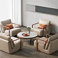Modern Elegant Living Room Beige Leather Armchairs and Round Coffee Table Set with Wooden Legs White Walls and Blinds
