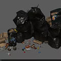 Household Items Including Trash Bags Garbage Bin And Scattered Cans Cardboard Boxes Plastic Bottles