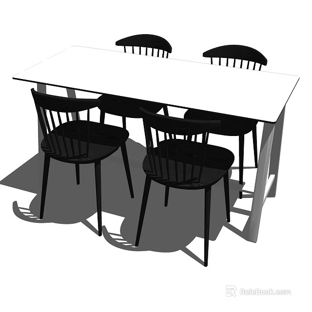 Modern Rectangular Dining Table Set With White Top And Four Black Chairs 3d model