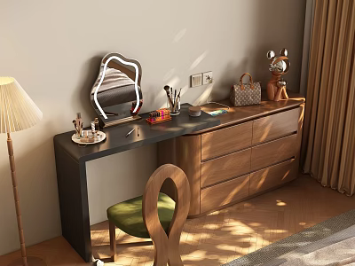 Elegant Dressing Table With Black Countertop Irregular Mirror Wooden Drawers Green Chair Cosmetics And Sunlight 3d model