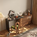 Elegant Dressing Table With Black Countertop Irregular Mirror Wooden Drawers Green Chair Cosmetics And Sunlight