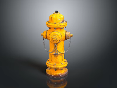 Yellow Fire Hydrant With Metal Chains And Vintage Design Against Dark Background 3d model
