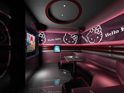 Hello Kitty Themed KTV Room With Red And Black Decor Sofa Table And Entertainment Screen 3d model