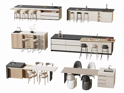 Modern Bar Counter Designs With Wooden Cabinets Black Countertop Sink And Stools 3d model