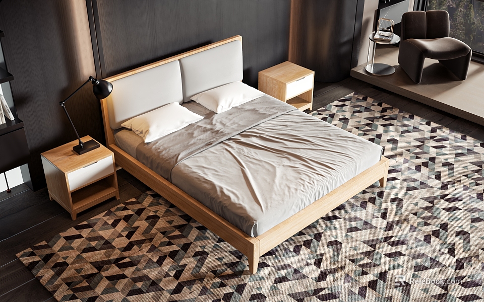 Modern Double Bed With Wooden Frame Gray Bedding And Geometric Pattern Rug 3d model 