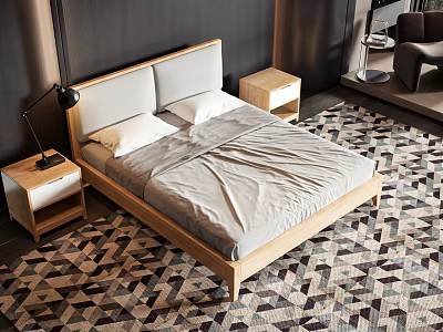 Modern Double Bed With Wooden Frame Gray Bedding And Geometric Pattern Rug 3d model