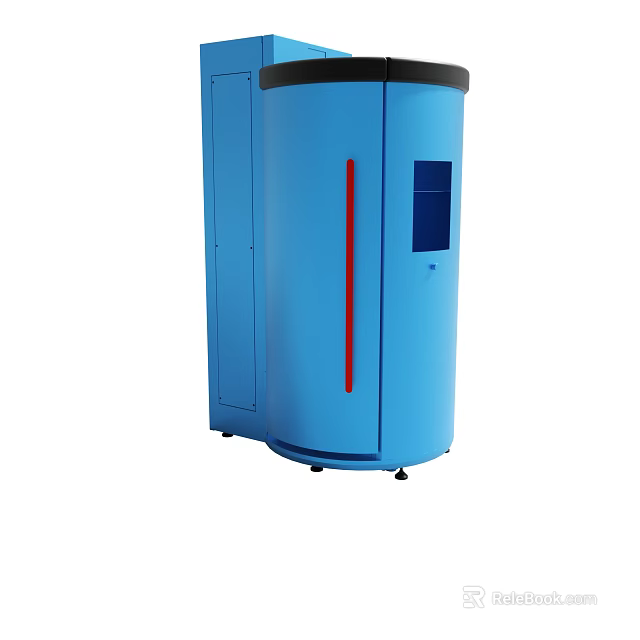 Blue Cylindrical Appliance With Vertical Red Stripe And Front Window Panel 3d model 