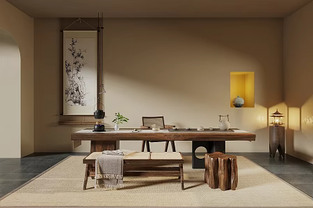 Middle and Ancient Style Tea Room Tea Tasting Area Japanese Style Tea Room Tatami Tea Room Tatami Tea Table and Chair Tea Cabinet Club Tea Room Tea Set Teapot Tea Cup Floriculture Vase 3d model