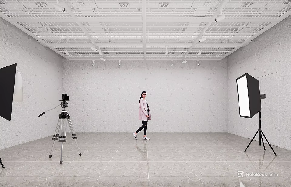 Studio Shooting Scene With Model Walking Camera Tripod And Studio Light 3d model