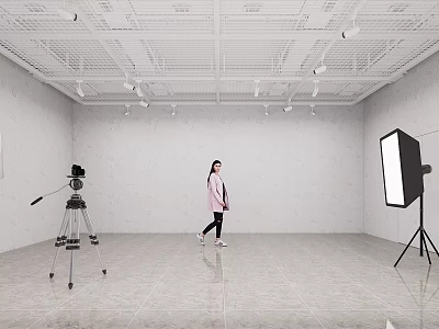 Studio Shooting Scene With Model Walking Camera Tripod And Studio Light 3d model