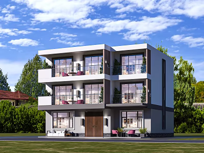 Modern Detached House with Large Glass Windows Balconies Surrounded by Green Plants and Lawn 3d model