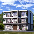 Modern Detached House with Large Glass Windows Balconies Surrounded by Green Plants and Lawn