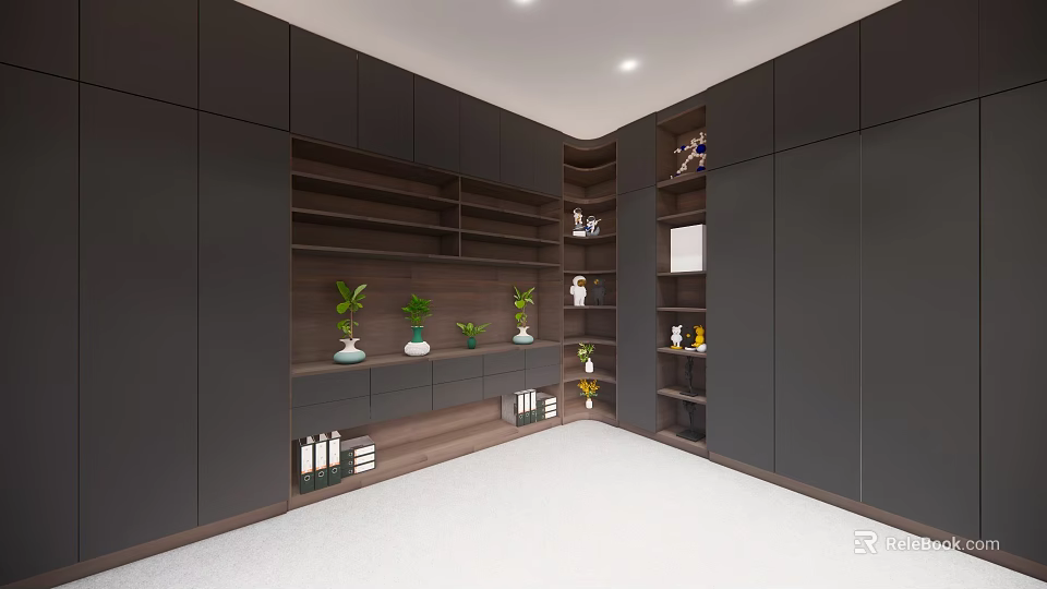 Modern Built in Bookcase Interior with Shelves Plants Books and Decorations 3d model 