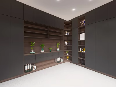 Modern Built in Bookcase Interior with Shelves Plants Books and Decorations 3d model
