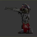 Futuristic Pilot In Red And Gray Mech Suit With Large Gun And Metallic Armor