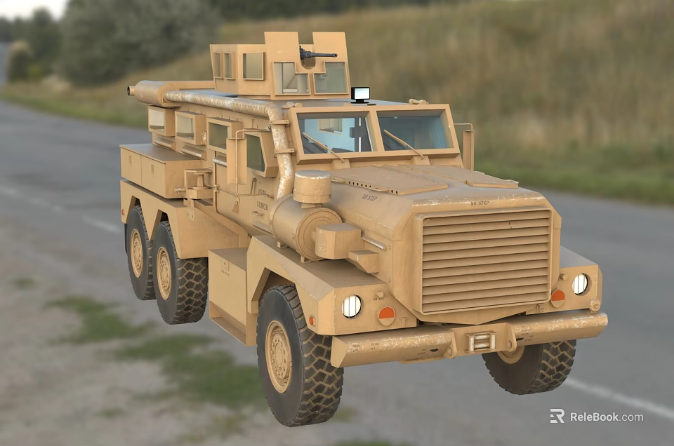 Tan Military Tank With Six Wheeled Design Rocket Launcher On Roadside Grassland 3d model 
