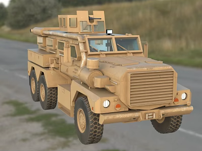 Tan Military Tank With Six Wheeled Design Rocket Launcher On Roadside Grassland 3d model
