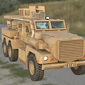 Tan Military Tank With Six Wheeled Design Rocket Launcher On Roadside Grassland