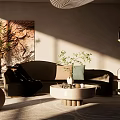 Modern Living Dining Room Interior With Sofa Coffee Table Green Plants and Decorative Art