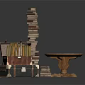 Stacked Suitcases With Tall Book Stack And Round Wooden Table In Interior