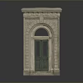 Scenic Landscape Featuring Classical Stone Archway With Dark Green Door And Carved Details