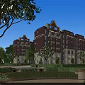 Red Brick Residential Building With White Accents Multi Story Design And Lush Garden Greenery