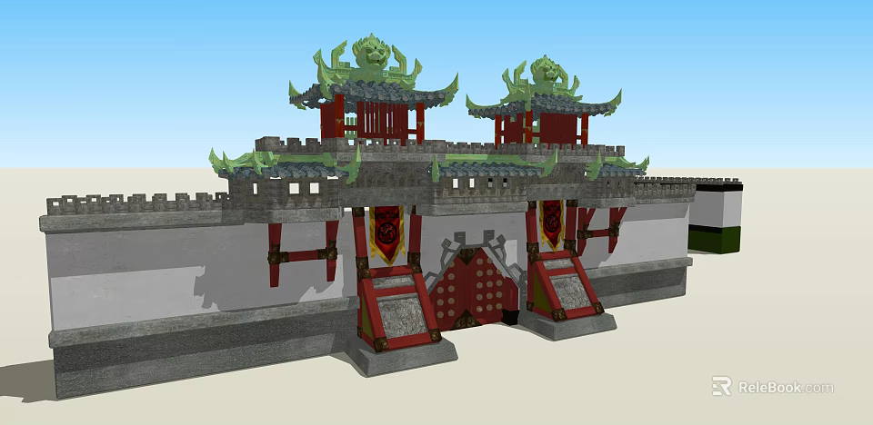Traditional Ancient Architecture With Green Eaves Red Structures And Ornate City Gate 3d model 