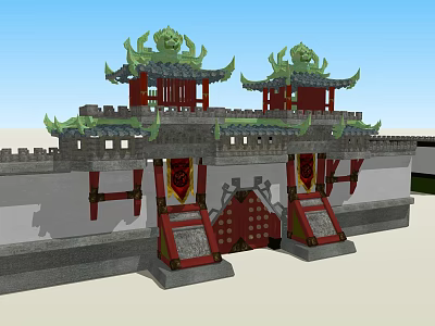 Traditional Ancient Architecture With Green Eaves Red Structures And Ornate City Gate 3d model