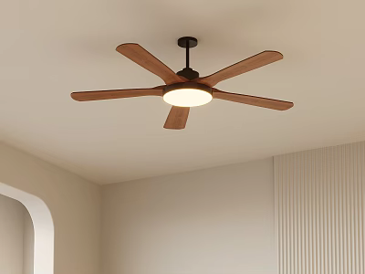 Modern Ceiling Fan Light With Wooden Blades And White Lampshade For Minimalist Interior 3d model